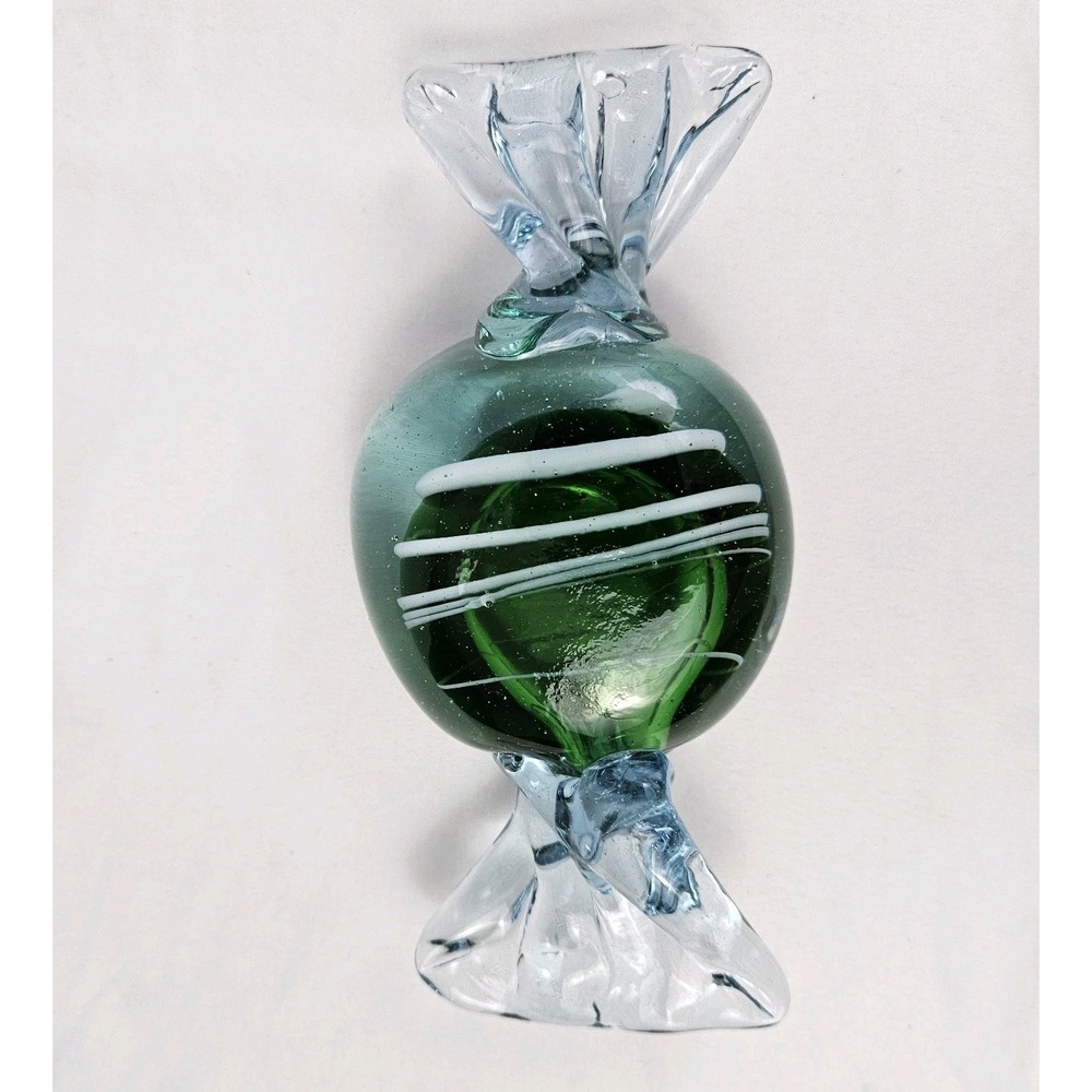 Vintage Glass Murano Wrapped Candy Piece Hand Blown Green Swirl Paperweight